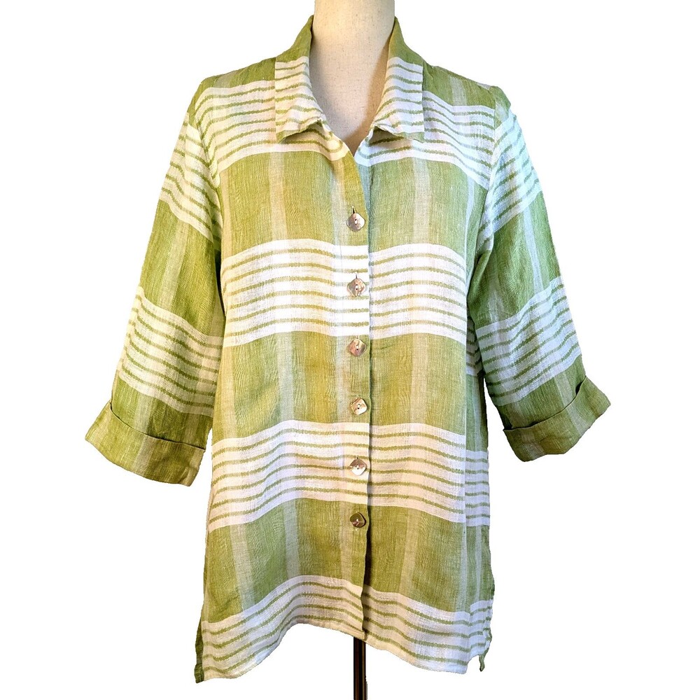 Habitat Clothes to Live In 100% Linen Green Striped Size LG Boho Tunic Top